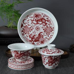 高档茶具套装主人杯茶盘盖子盖碗景德镇复古釉里红狮子功夫茶瓷器
