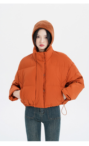 反季羽绒服女2023新款韩版小个子橘色针织帽棉服白鸭绒棉袄外套