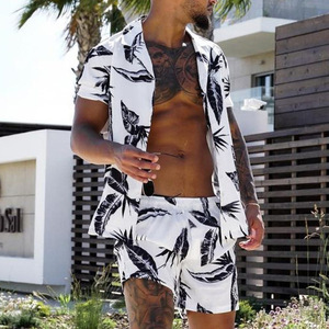 亚马逊 ebay 独立站2024夏日男士印花休闲短袖沙滩衬衫套装