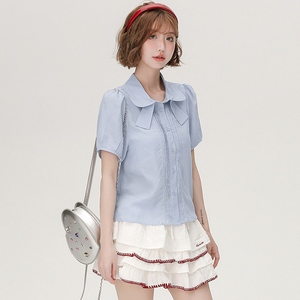 Girlyhalo刺绣领结短袖衬衫女夏季新款设计感小众蓝色宽松衬衣