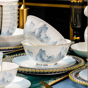 环保健康釉下彩陶瓷餐具中国风山水画套餐高级轻奢骨碟骨瓷碗盘子