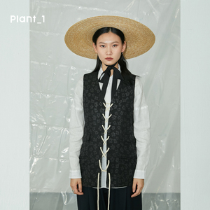 Plant1SS21春夏新款「特殊工艺花朵」显瘦绑带黑色暗纹小马甲套装