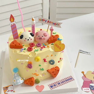 ins韩国卡通蛋糕装饰软陶玩偶摆件奶酪可爱小狗小猪插件烘焙插牌