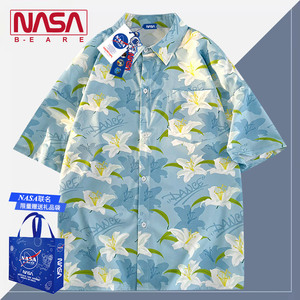 NASA联名沙滩冰丝花衬衫男款短袖夏季薄款痞帅宽松休闲五分袖衬衣