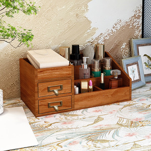 桌面收纳盒木质复古梳妆台香水化妆品置物架书桌桌上杯子实木柜子