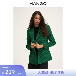 MANGO女装外套2022春夏新款翻领V领设计千鸟格羊毛混纺外套