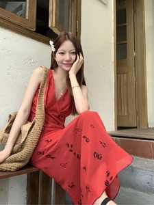 新中式红色背心连衣裙女2024年夏季新款氛围感气质A字裙长裙裙子