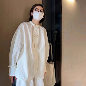 新中式国风白色衬衫女春秋复古宽松娃娃衫双排扣衬衣叠穿内搭上衣