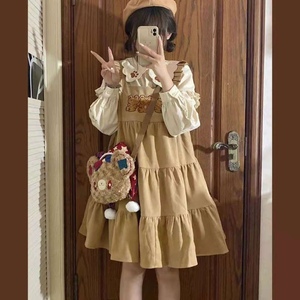 日系软妹甜美可爱背带裙秋冬女学生娃娃领长袖衬衫连衣裙两件套装