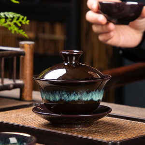 不单典雅茶碗陶瓷窑变天目黑釉家用茶杯大号复古功夫三才盖碗茶具