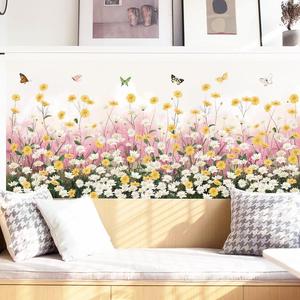 雏菊花朵沙发背景墙纸卧室粉色满天星贴画蝴蝶植物脚线治愈系墙贴