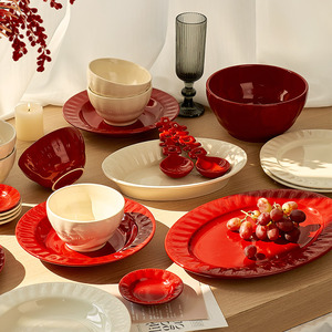 新中式碗碟套装家用2023新款碗盘碗具乔迁新居红色喜碗餐具套装