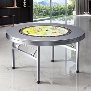 不锈钢内置彩图转盘圆桌可折叠桌子免安装家用商用餐桌1.2~1.8米