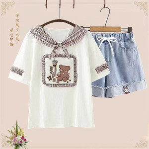 夏季新款日系森女大童设计感可爱短袖t恤+初中学生牛仔短裤两件套
