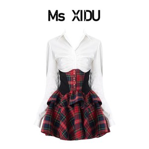 Ms XIDU 复古红格子半身裙衬衣套装收腰显瘦撞色拼接高腰蓬蓬半裙