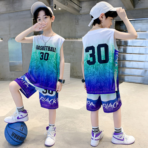 特步适配男童篮球服网眼速干套装无袖夏季背心儿童中大童运动30号