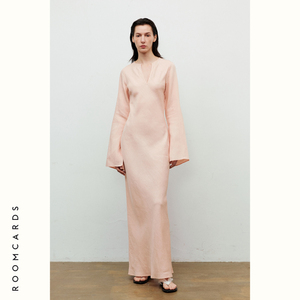 ROOMCARDS独立设计师品牌 桃粉色天丝亚麻斜裁V领收腰长袖连衣裙