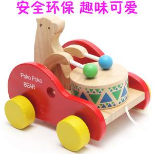 儿童小熊敲鼓拖拉车学步木制手拉线 0-1-2岁婴幼儿宝宝拉绳玩具车