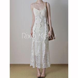 法式Rixo Kelly深V蕾丝吊带连衣裙气质复古收腰白色仙女A字长裙