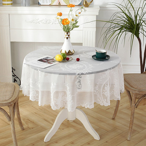蕾丝圆形小圆桌桌布高级感轻奢欧式白色纱刺绣钩花镂空美容餐台布