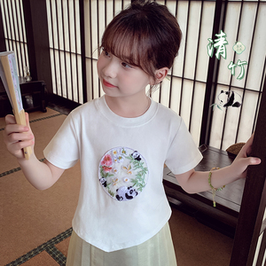 女童中国风刺绣上衣夏装2024新款洋气女孩打底衫儿童休闲短袖T恤