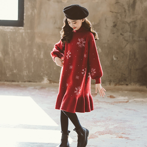 NEXT LONG女童保暖毛衣雪花纹圣诞新年百搭裙冬季儿童红色连衣裙
