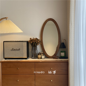 MINGBO法式复古鸭蛋化妆镜家用卧室梳妆镜实木壁挂椭圆镜装饰镜