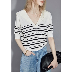 韩国白色条纹V领薄款短袖针织衫女2024夏季新款宽松显瘦时髦毛衣