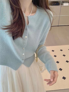 韩国法式高级感蓝色针织开衫女春秋温柔系凡尔赛薄款毛衣气质上衣