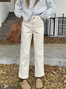 米白色直筒牛仔裤女夏季小个子高腰显瘦弹力窄版九分休闲烟管裤子