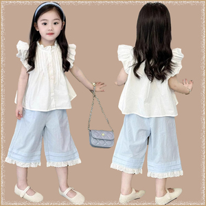 韩版女童2024夏季新款白色飞袖衬衫儿童上衣浅蓝色花边七分裤套装