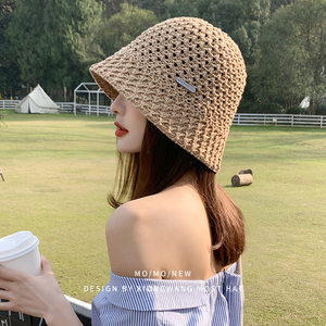 韩国透气休闲帽子女夏镂空针织渔夫帽显脸小盆帽适合圆脸的水桶帽