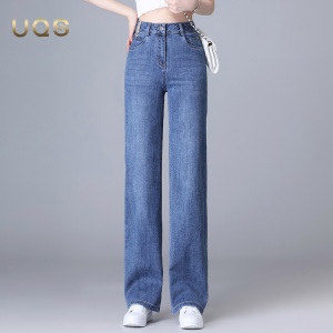 UQS高端蓝色阔腿牛仔裤女春秋新款2024显瘦垂感加绒加厚直筒长裤