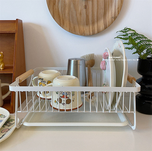日式简约白色碗盘架杯子餐具收纳架铁艺木柄水果蔬菜沥水篮控水架