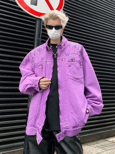 美式高街紫色夹克外套男高级感痞帅春秋设计感潮牌潮流重工牛仔衣