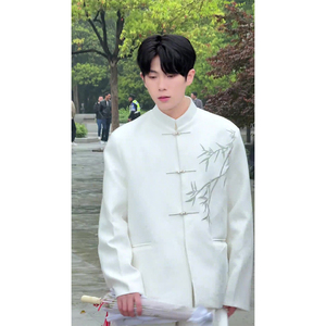 新中式男装中国风白色刺绣西装外套男夏季立领年轻人中山唐装西服