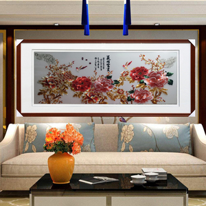 苏绣装框成品 真丝底料实木框 花开富贵金色牡丹图客厅背景墙装饰