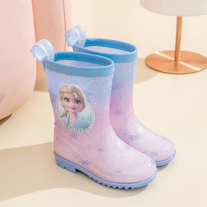 迪士尼儿童雨鞋女童雨靴防滑加绒爱莎公主幼儿园渐变色水鞋加棉套