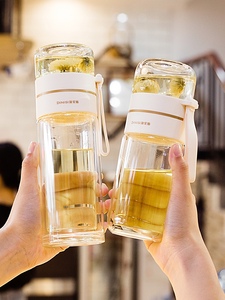 希乐茶水分离玻璃杯双层男士水杯女生便携办公室茶水杯子大容量