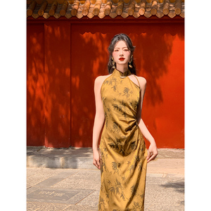 新中式复古改良旗袍无袖挂脖连衣裙女春夏季收腰显瘦裙子日常可穿