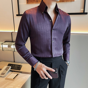 条纹男士衬衫长袖高级感痞帅轻奢V领韩版修身褶皱一片领紫色衬衣