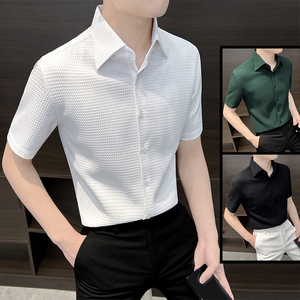 格子衬衫男士短袖高级感夏季2024新款男装高端冰丝七分袖大领衬衣