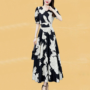 夏季2024新款连衣裙女韩版V领气质系带修身显瘦印花雪纺收腰长裙