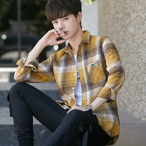 男士格子小码休闲衬衫秋季XS码青年韩版小个子时尚LES帅T长袖衬衣