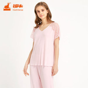 铜牛新款舒弹V领蕾丝家居服女套短袖睡衣套装薄款0657-6887/9382