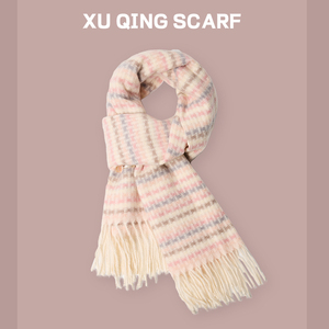 粉色格子围巾女款2023新款秋冬季保暖毛线针织围脖高级感外搭披肩