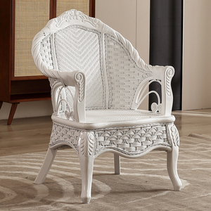 欧式客厅单人椅子三件套阳台实木真藤编桌椅家用休闲藤椅组合白色