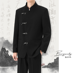 Burgundy高定西服新中式男结婚订婚黑色套装垫肩高级感立领中山装