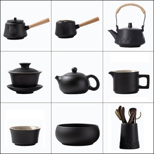日式功夫茶具盖碗茶杯单个西施茶壶陶瓷茶漏黑陶茶道六君子茶配件