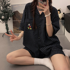 韩国ins格子米奇情侣睡衣女夏季短袖梭织纯棉薄款外穿家居服套装